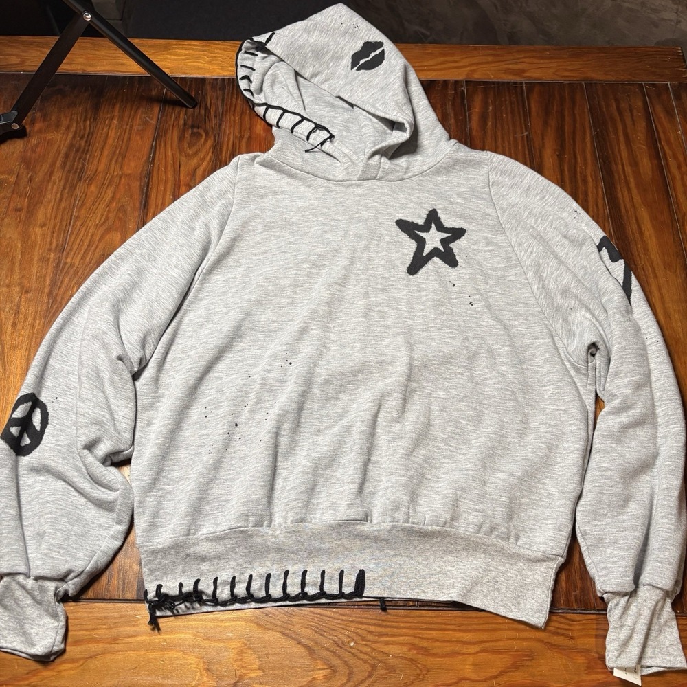 Lauren Moshi Gray Graffiti Hoodie Thick Stitch Kisses Star Hearts Sz S A3603